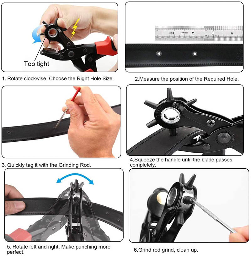 Leather Hole Punch Pliers, 3/32 3/16 Hole Sizes, 6 Punch Wheels